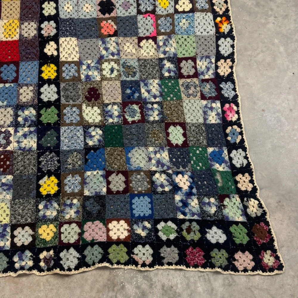 Vintage Handmade Granny Afgan Crochet Blanket Multi Color Patchwork Throw 78x65